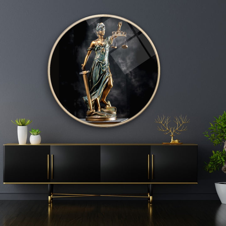 Themis Heykeli Yuvarlak Cam Tablo