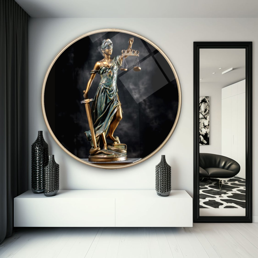 Themis Heykeli Yuvarlak Cam Tablo