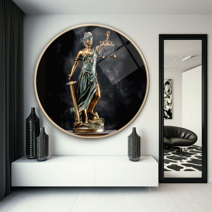 Themis Heykeli Yuvarlak Cam Tablo