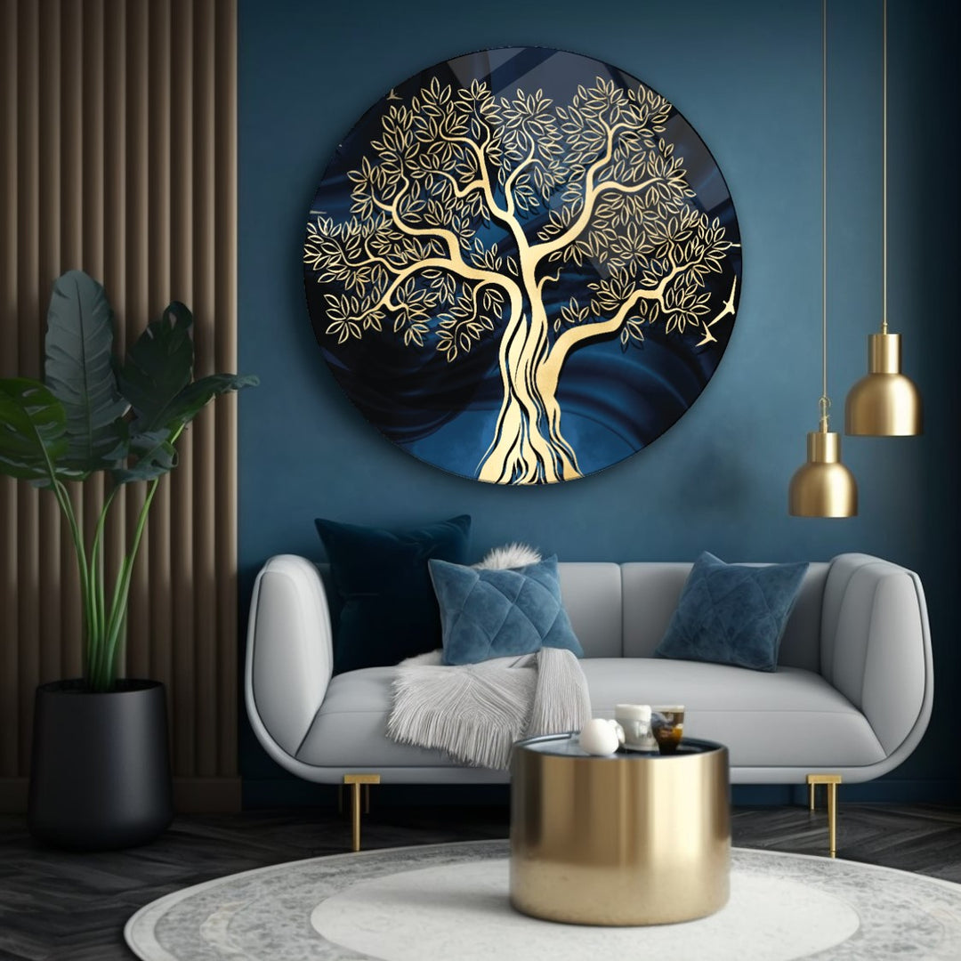 Gold Ağaç Yuvarlak Cam Tablo