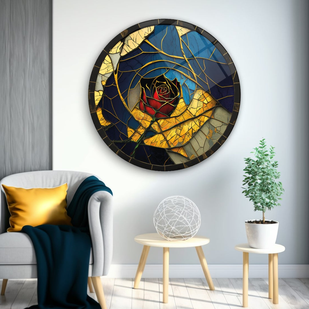 Gül Vitray Yuvarlak Cam Tablo