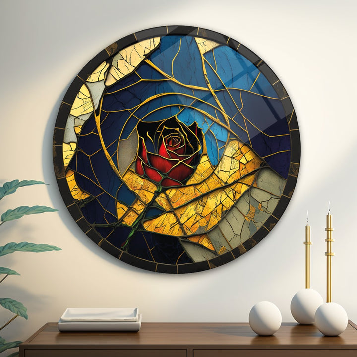 Gül Vitray Yuvarlak Cam Tablo
