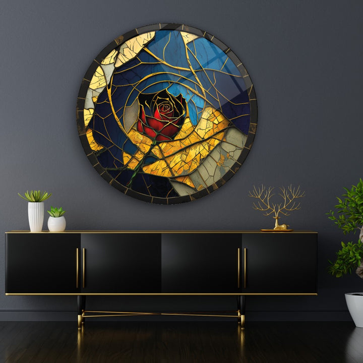 Gül Vitray Yuvarlak Cam Tablo