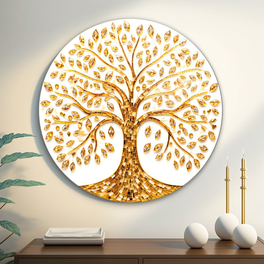 Gold Hayat Ağacı Yuvarlak Cam Tablo