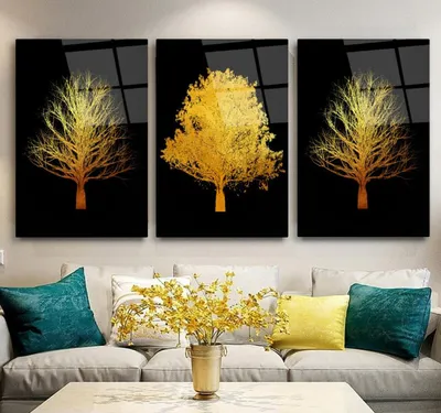 Gold Ağaçlar Triple Cam Tablo