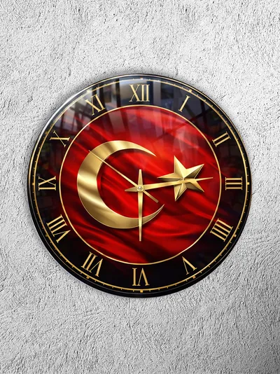 KIRILMAZ CAM DUVAR SAATİ, HEM TABLO HEM SAAT TÜRK BAYRAĞI AY YILDIZ TEMALI GOLD DETAYLI TASARIM EV OFİS HEDİYESİ