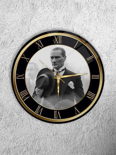 KIRILMAZ CAM DUVAR SAATİ, HEM TABLO HEM SAAT ATATÜRK PORTRE TEMALI SİYAH GOLD KLASİK TASARIM EV OFİS HEDİYESİ