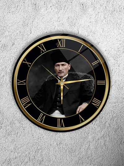 KIRILMAZ CAM DUVAR SAATİ, HEM TABLO HEM SAAT KALPAKLI ATATÜRK ÖZEL TASARIM EV OFİS HEDİYESİ