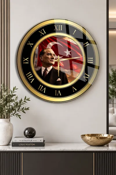YUVARLAK KIRILMAZ CAM DUVAR SAATİ, HEM TABLO HEM SAAT ATATÜRK RENKLİ PORTRE BAYRAKLI EV OFİS HEDİYESİ