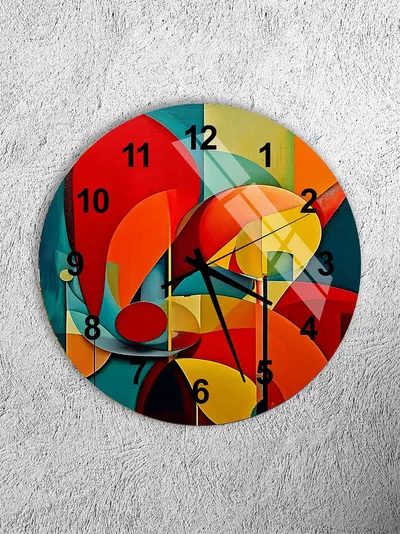 KIRILMAZ CAM DUVAR SAATİ, HEM TABLO HEM SAAT SOYUT GEOMETRİK RENKLİ MODERN SANAT EV OFİS HEDİYESİ