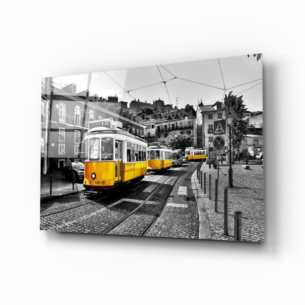 Lizbon Sarı Tramvay Cam Tablo