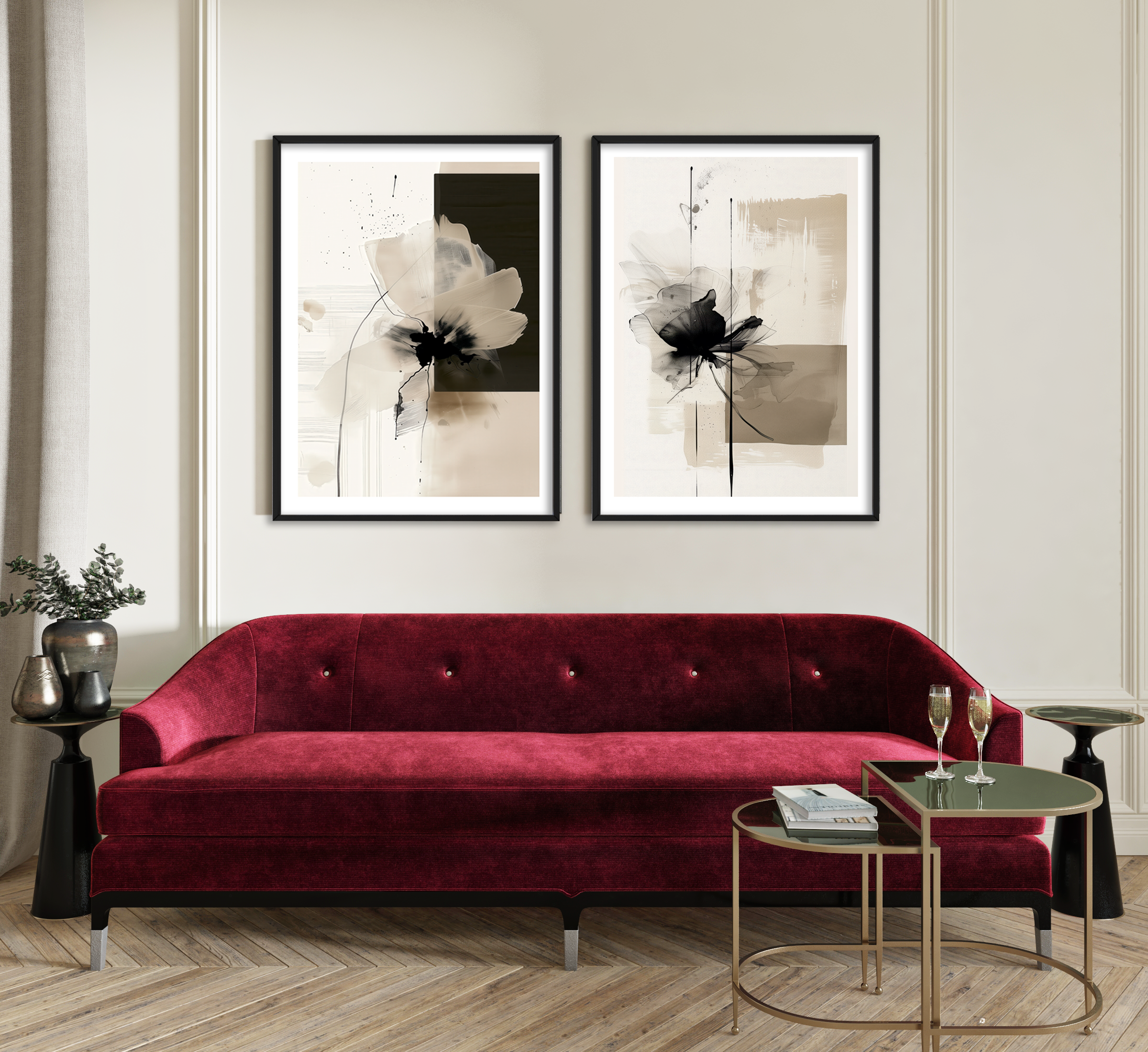 Modern Minimalist Çiçek Desenli Duvar Tablo Seti – Çerçeveli Dijital Baskı