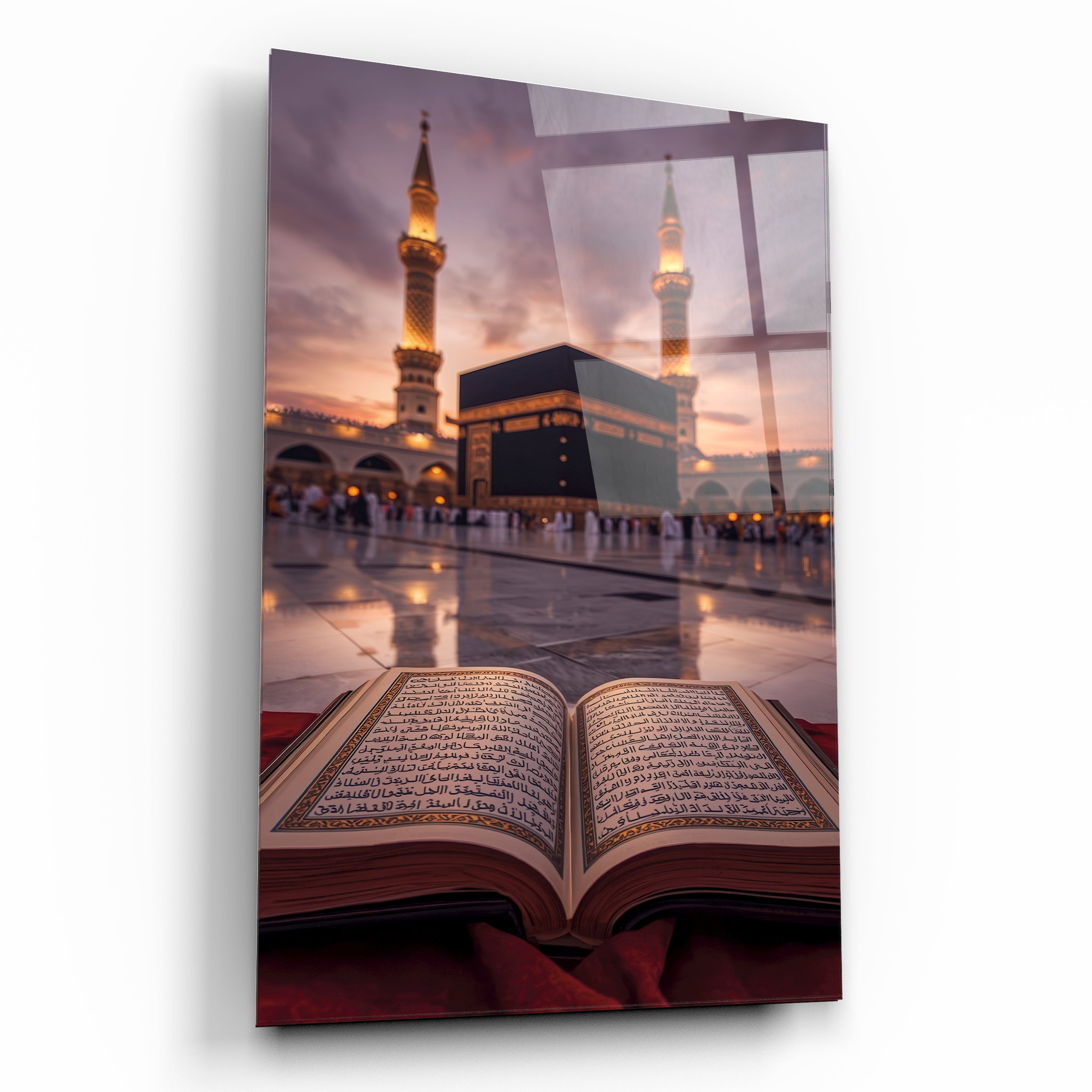 Kuran-ı Kerim ve Kabe Cam Tablo - Günbatımı Manzaralı Kutsal Odak