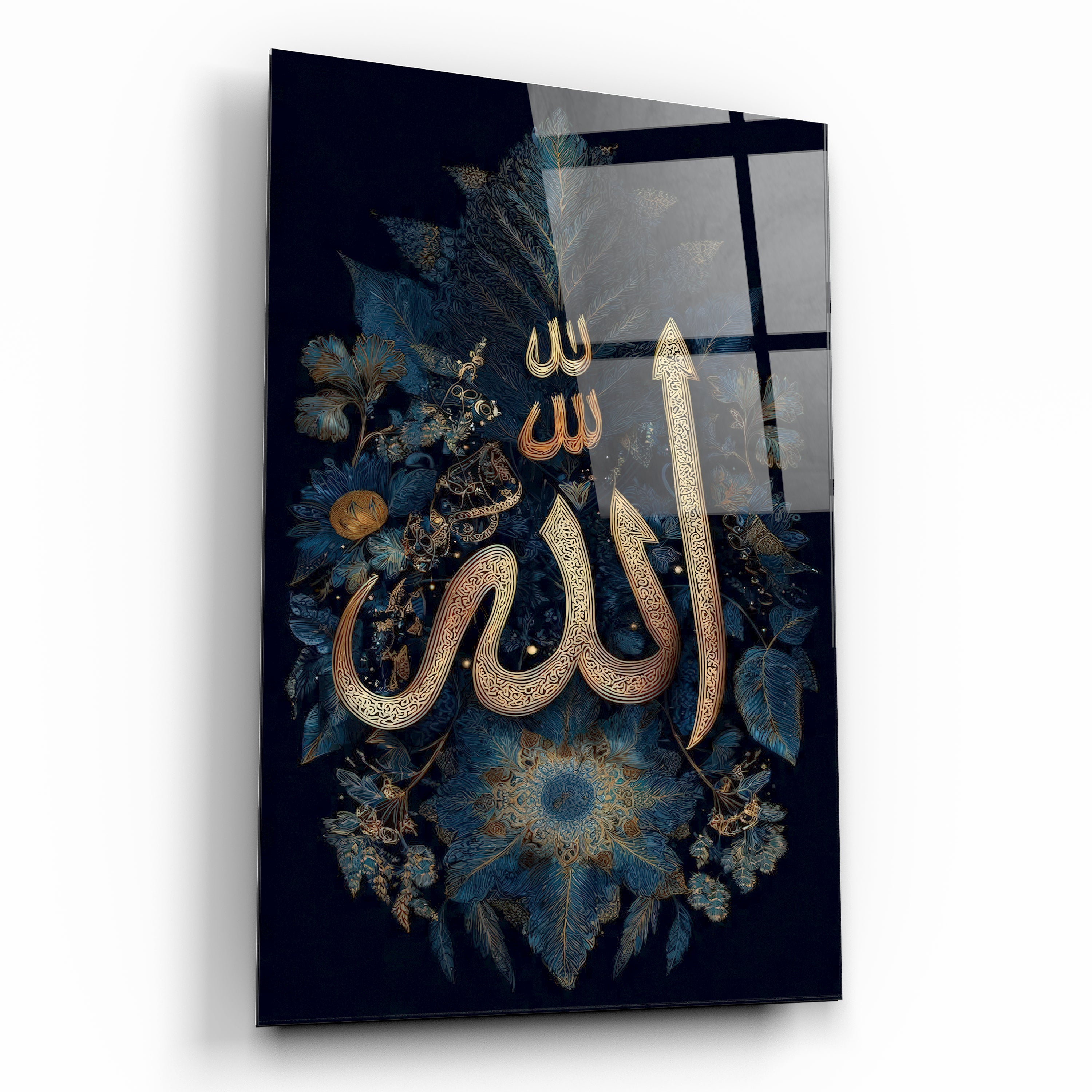 Allah Lafzı Cam Tablo - Altın Renkli Hat Sanatı ve Lacivert Floral Desenler