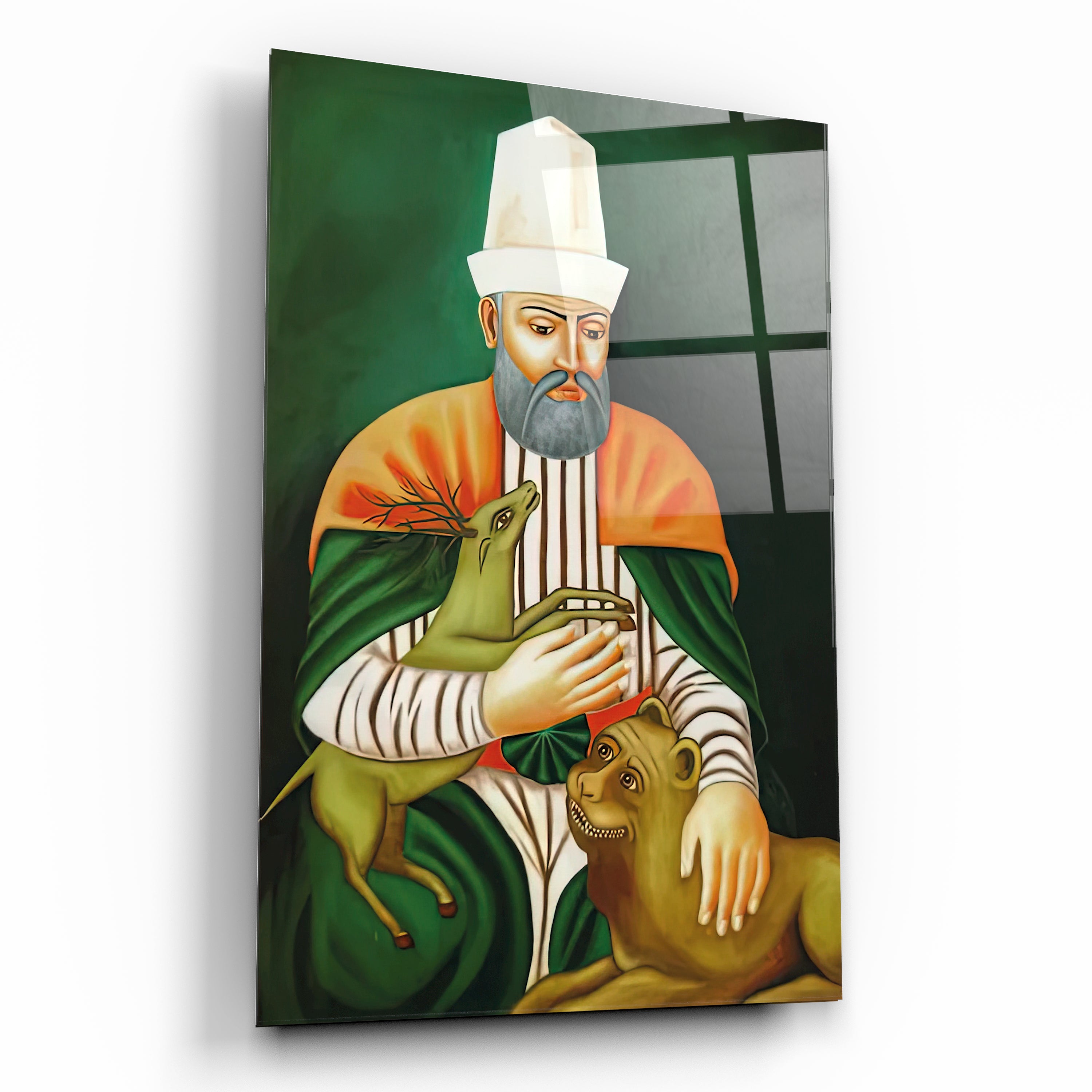Hacı Bektaş Veli Cam Tablo - Geleneksel Aslan ve Ceylanlı Portre