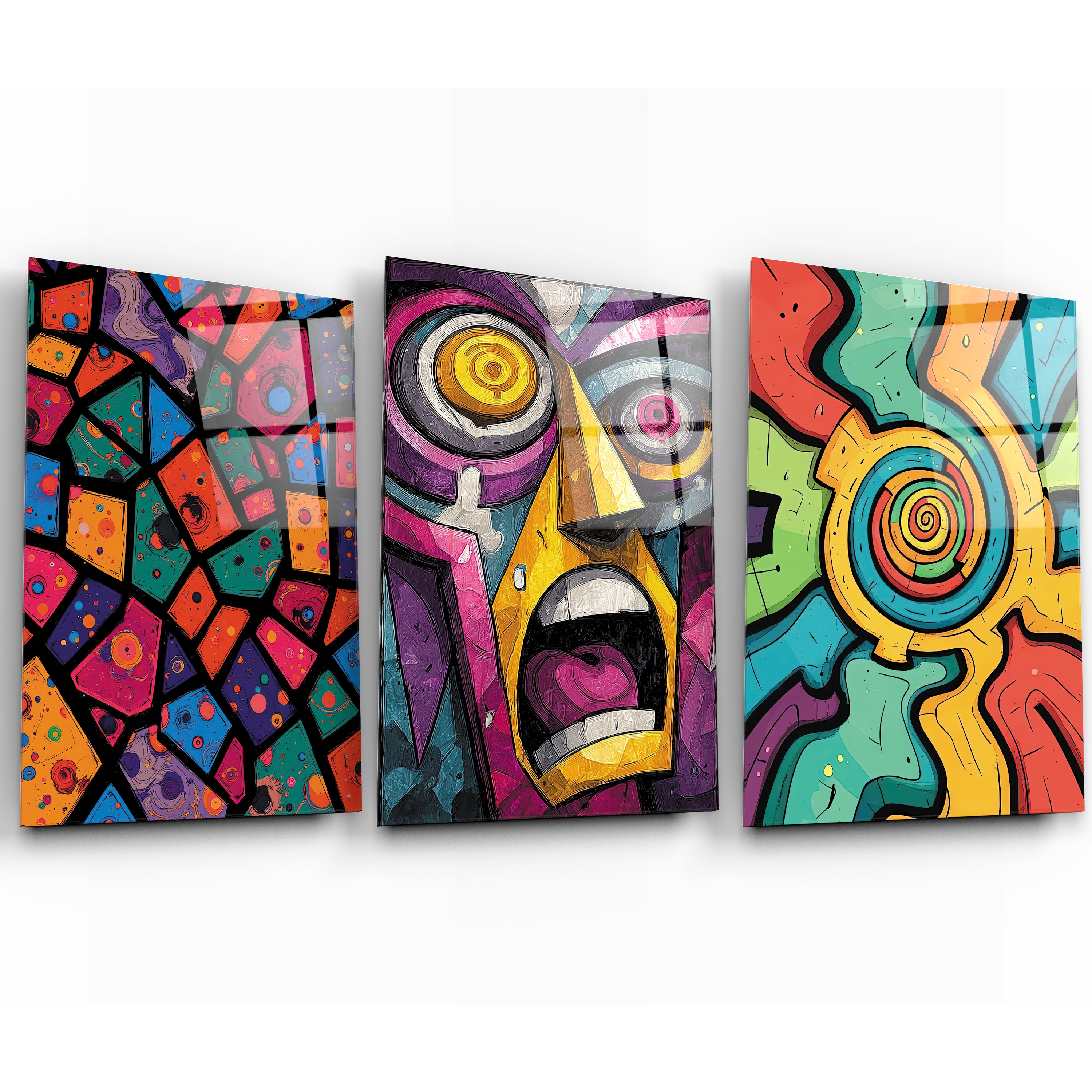 3'lü Set Renkli Soyut Yüz ve Geometrik Desenler Cam Tablo - Pop Art Etkili Tasarım