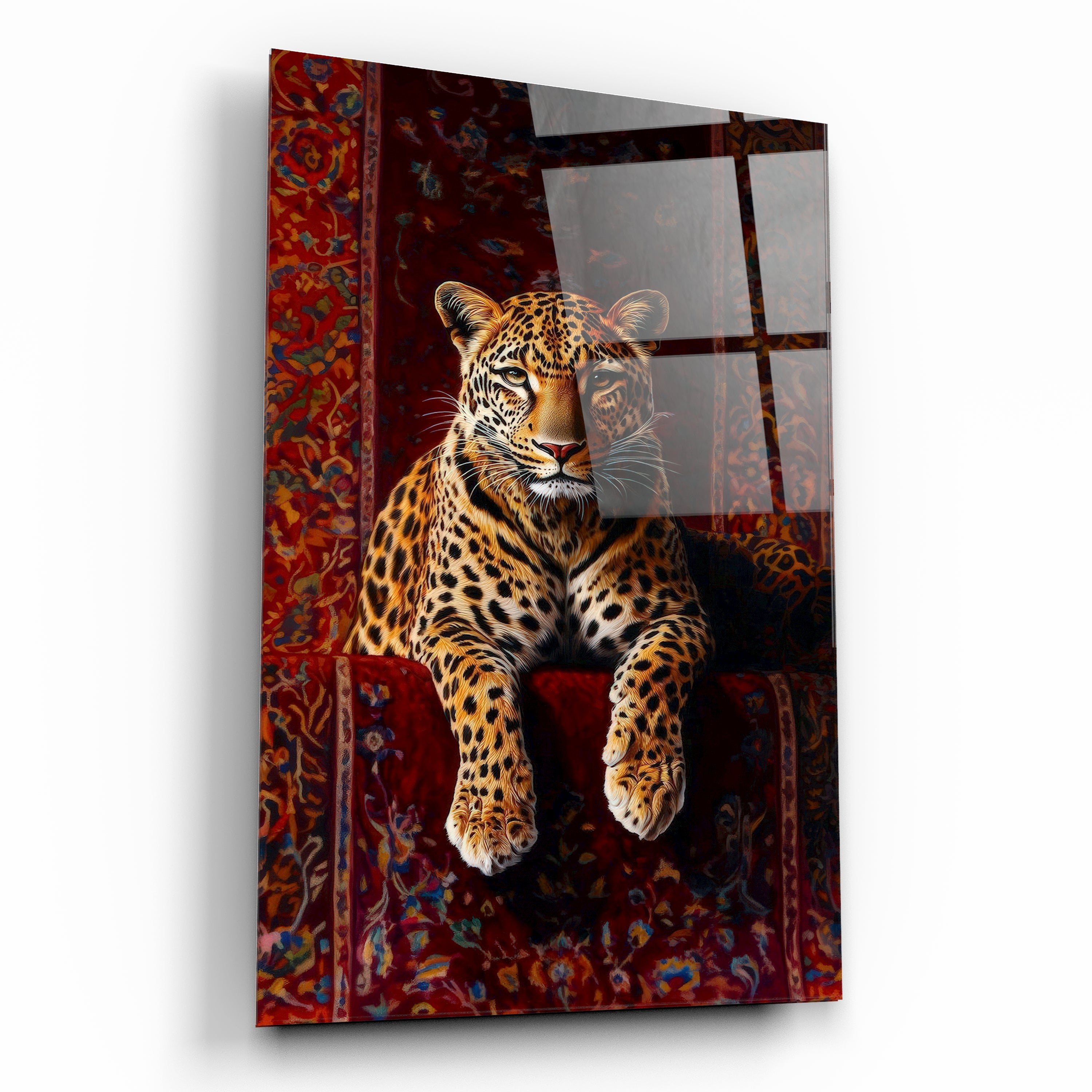 Leopar Cam Tablo - Geleneksel Kırmızı Desenli ve Asil Leopar Portresi