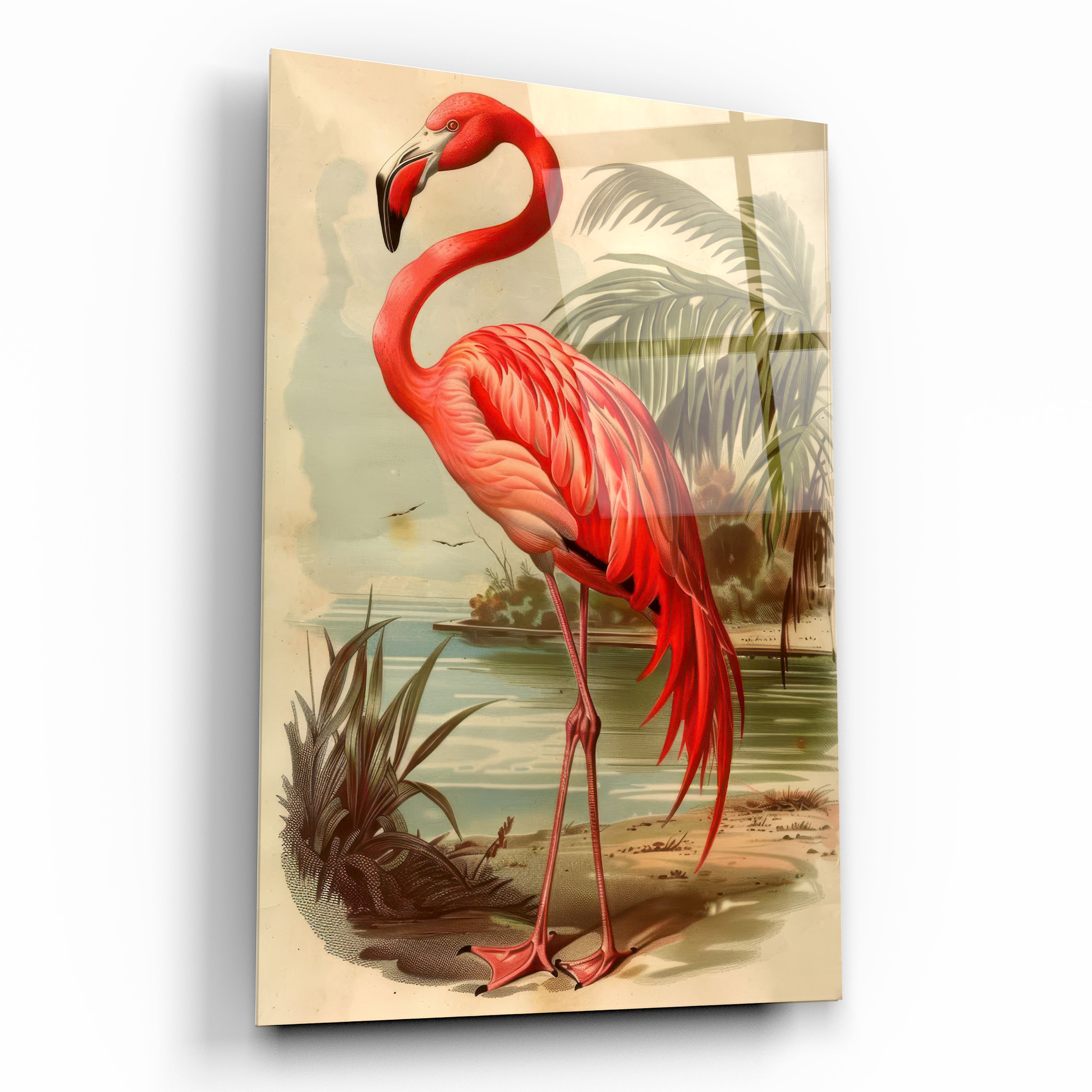 Kırmızı Flamingo Cam Tablo