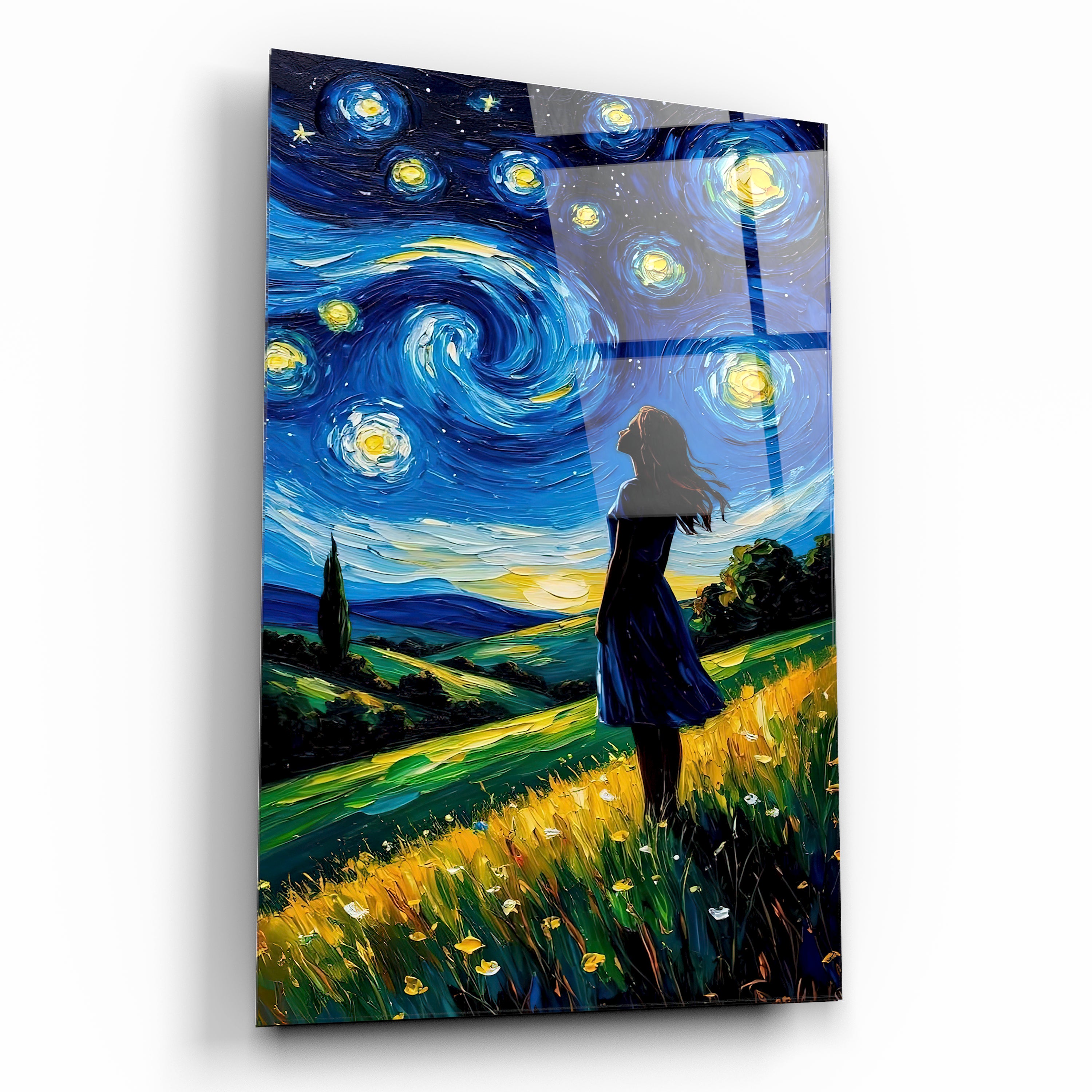 Yağlı Boya Efektli Yıldızlı Gece ve Kadın Cam Tablo - Van Gogh Stili Masalsı Manzara