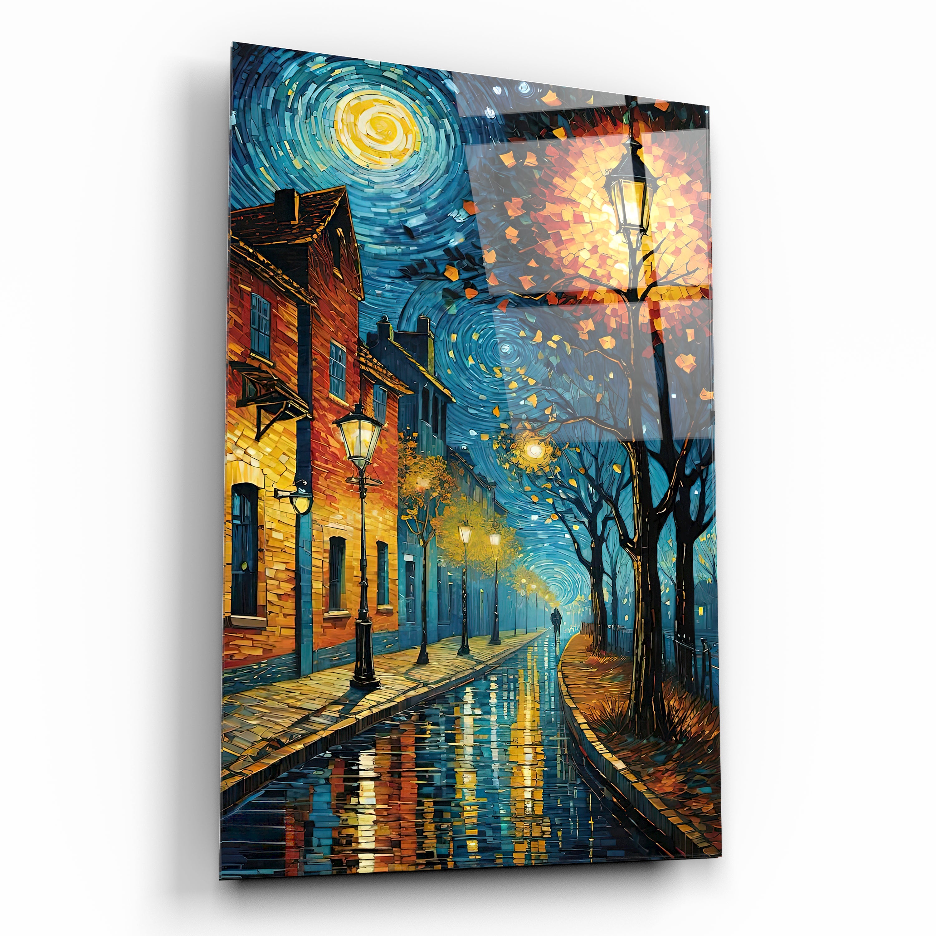 Yağlı Boya Efektli Nostaljik Sokak ve Gece Manzarası Cam Tablo - Van Gogh Stili