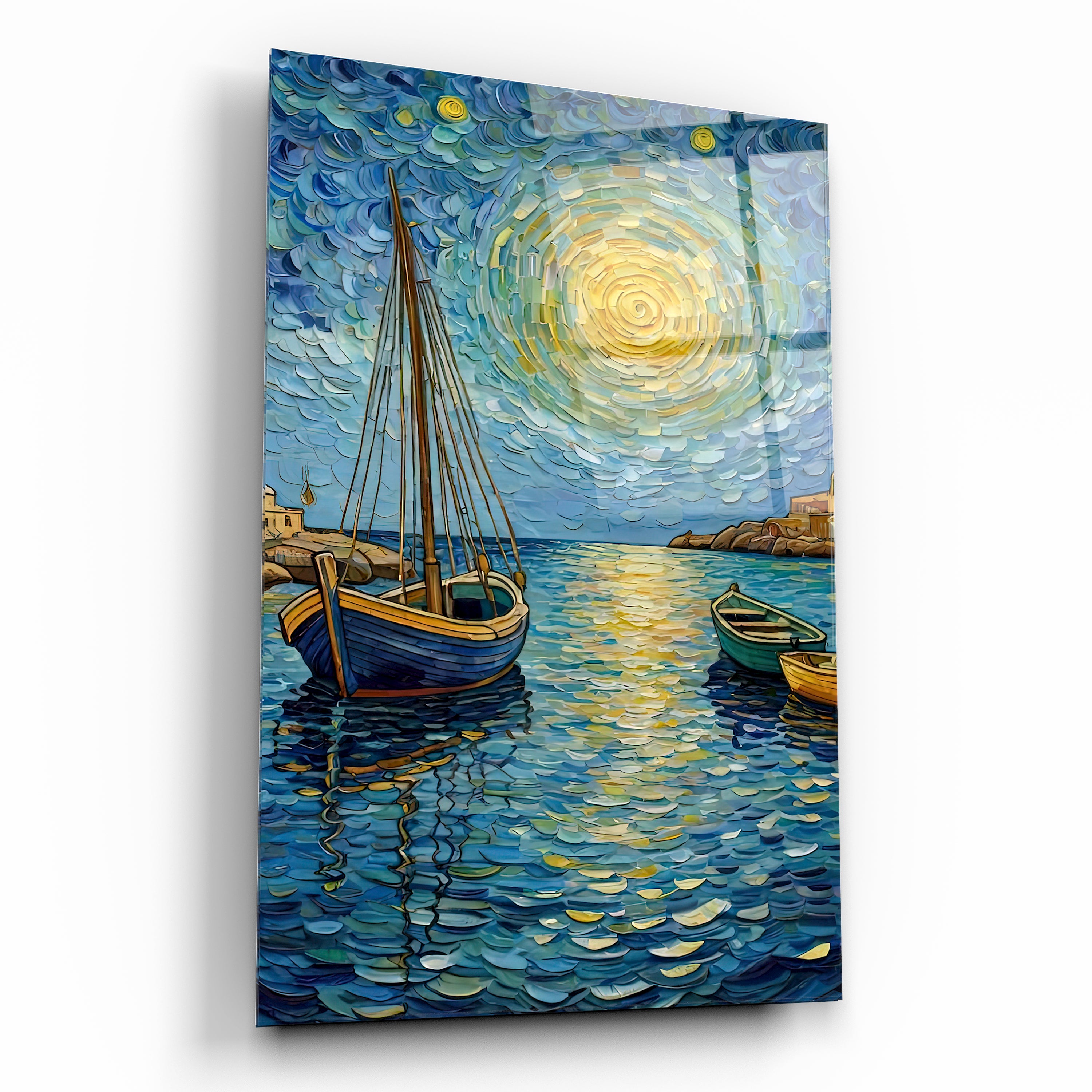 Yağlı Boya Efektli Limanda Yelkenli Cam Tablo - Van Gogh Stili Gece Manzarası