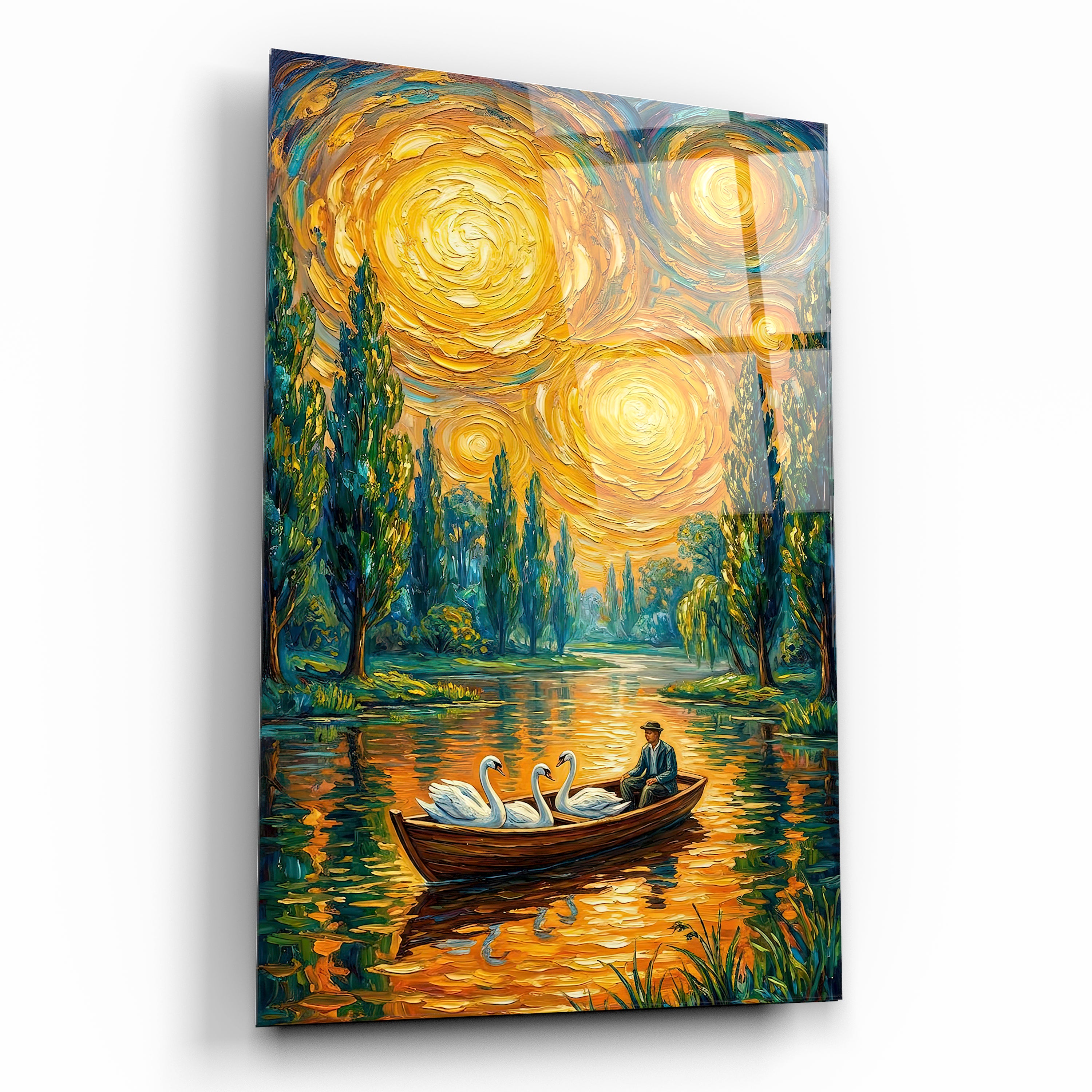 Yağlı Boya Efektli Kuğular ve Kayık Cam Tablo - Van Gogh Stili Romantik Manzara