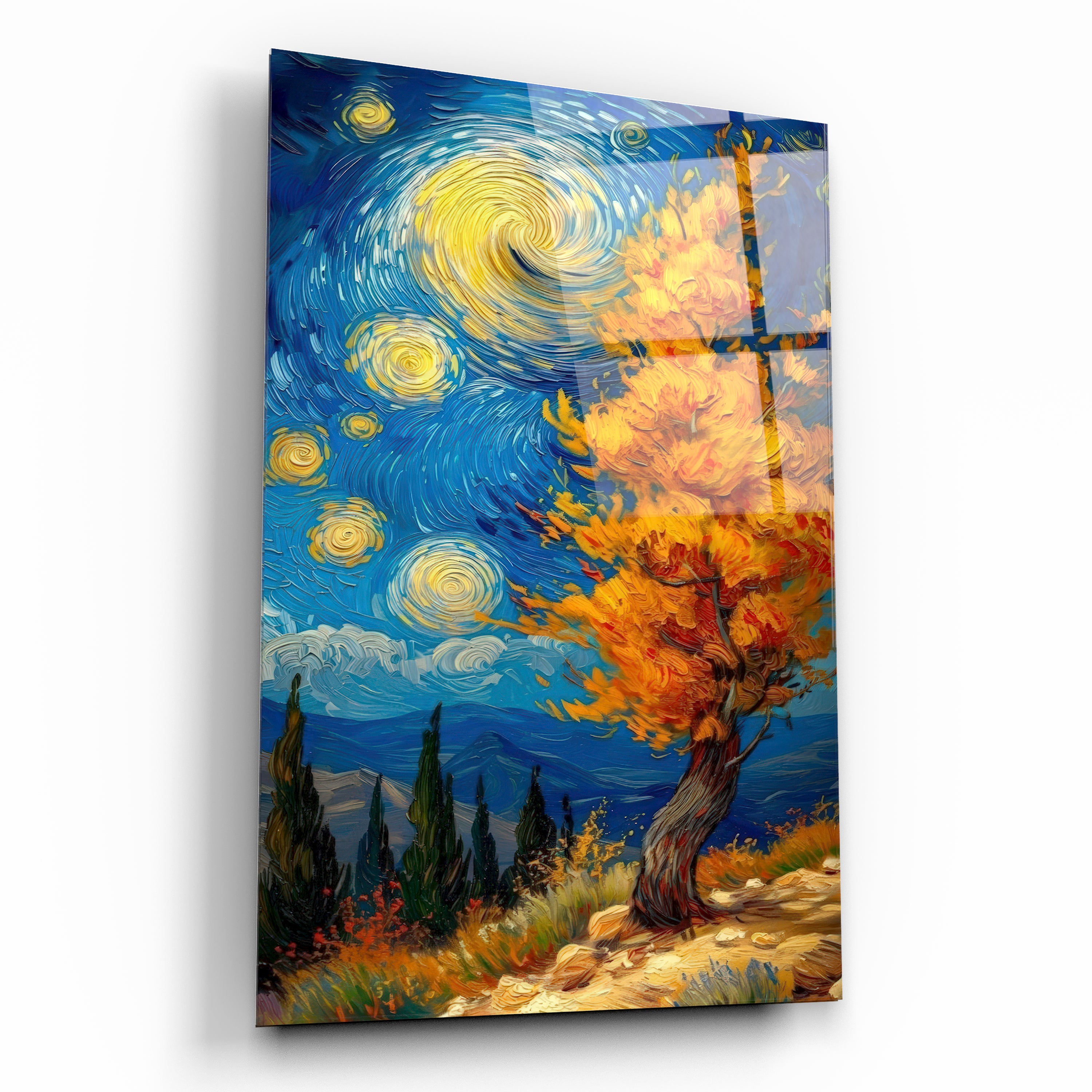 Yıldızlı Gece ve Sonbahar Ağacı Cam Tablo - Van Gogh Stili Yağlı Boya Efektli