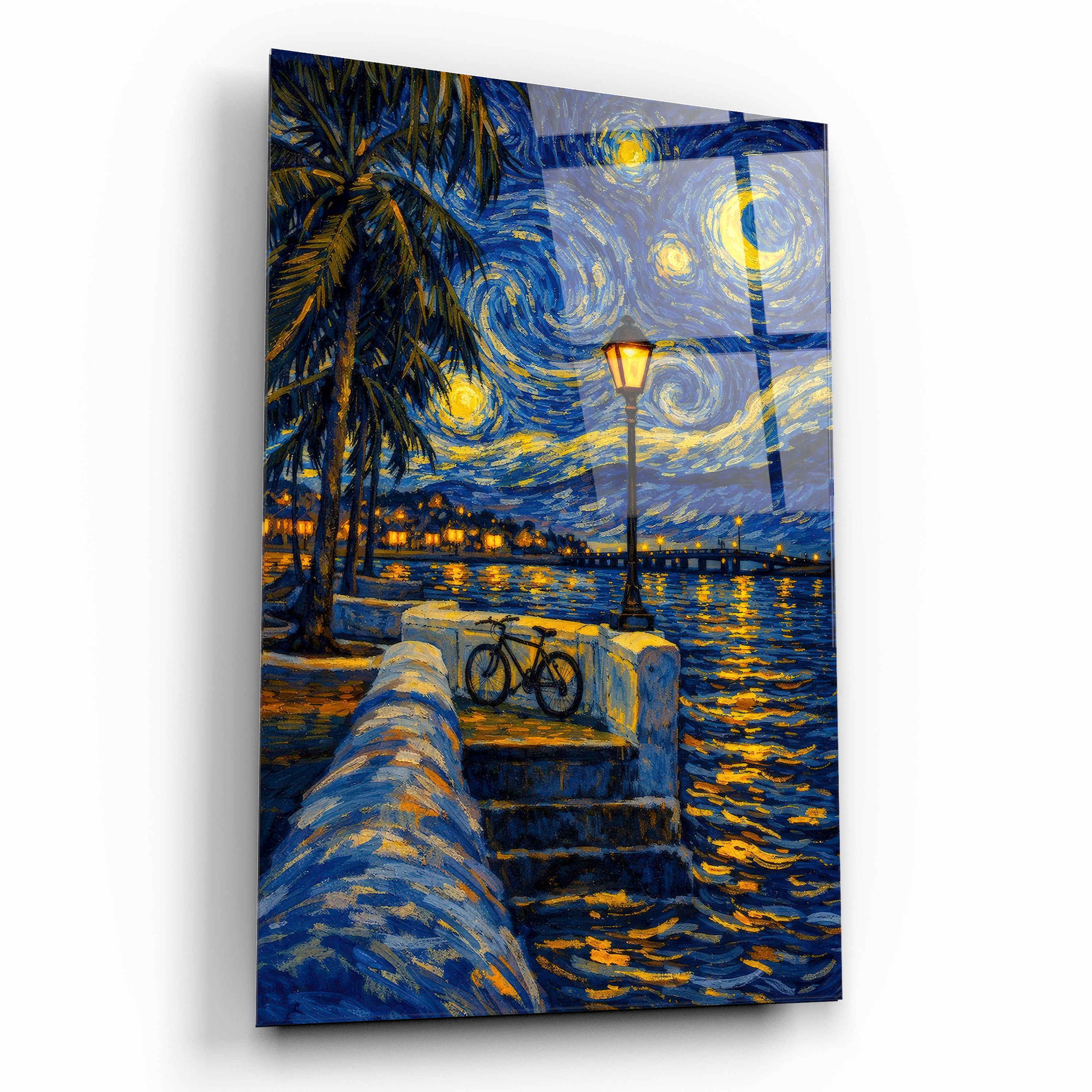 Yıldızlı Gece ve Sahil Manzarası Cam Tablo - Van Gogh Stili Bisikletli Doğa