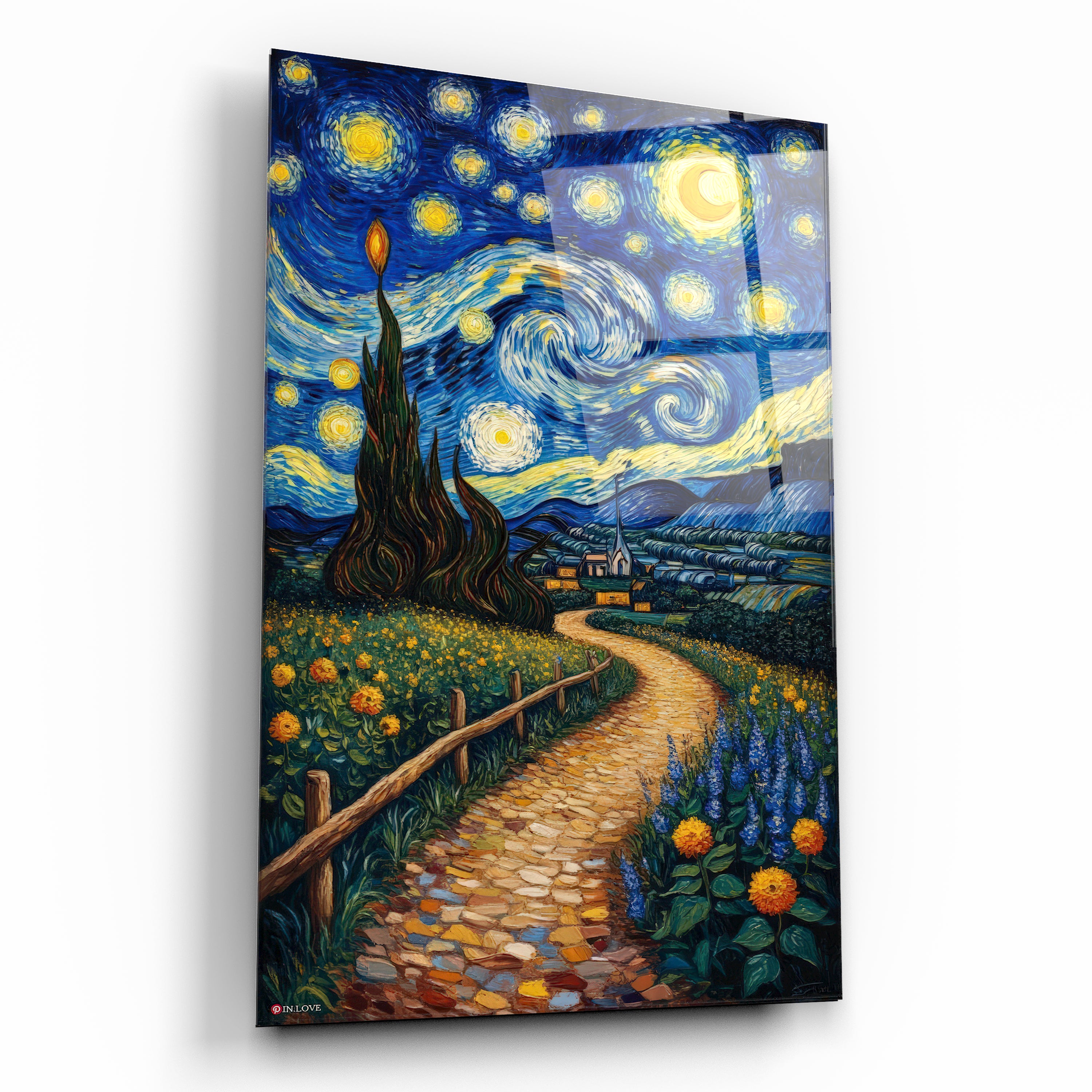 Yıldızlı Gece ve Kasaba Yolu Cam Tablo - Van Gogh Stili Doğa Manzarası