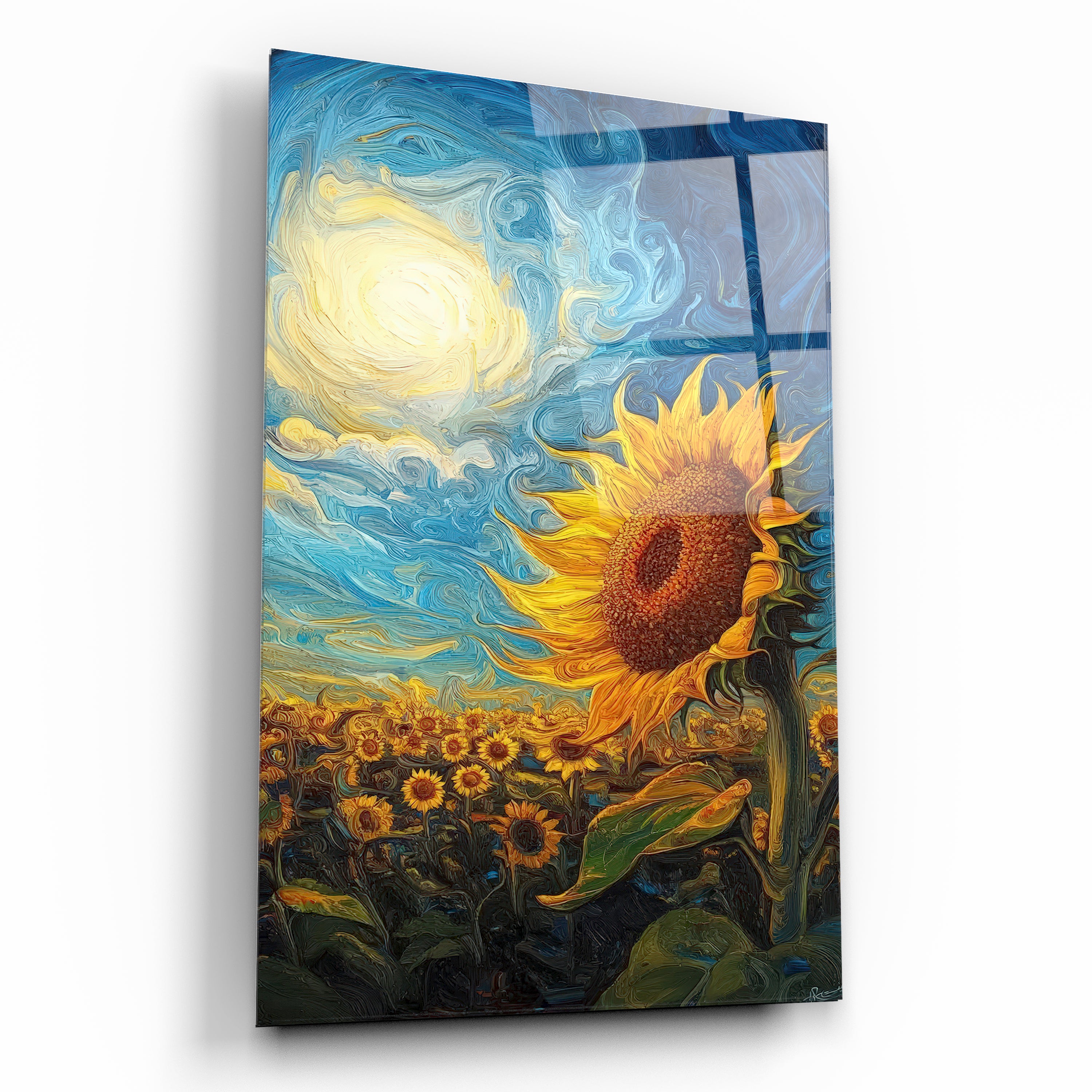 Ayçiçeği Tarlası Cam Tablo - Van Gogh Stili Dönen Gökyüzü ve Yağlı Boya Efekti