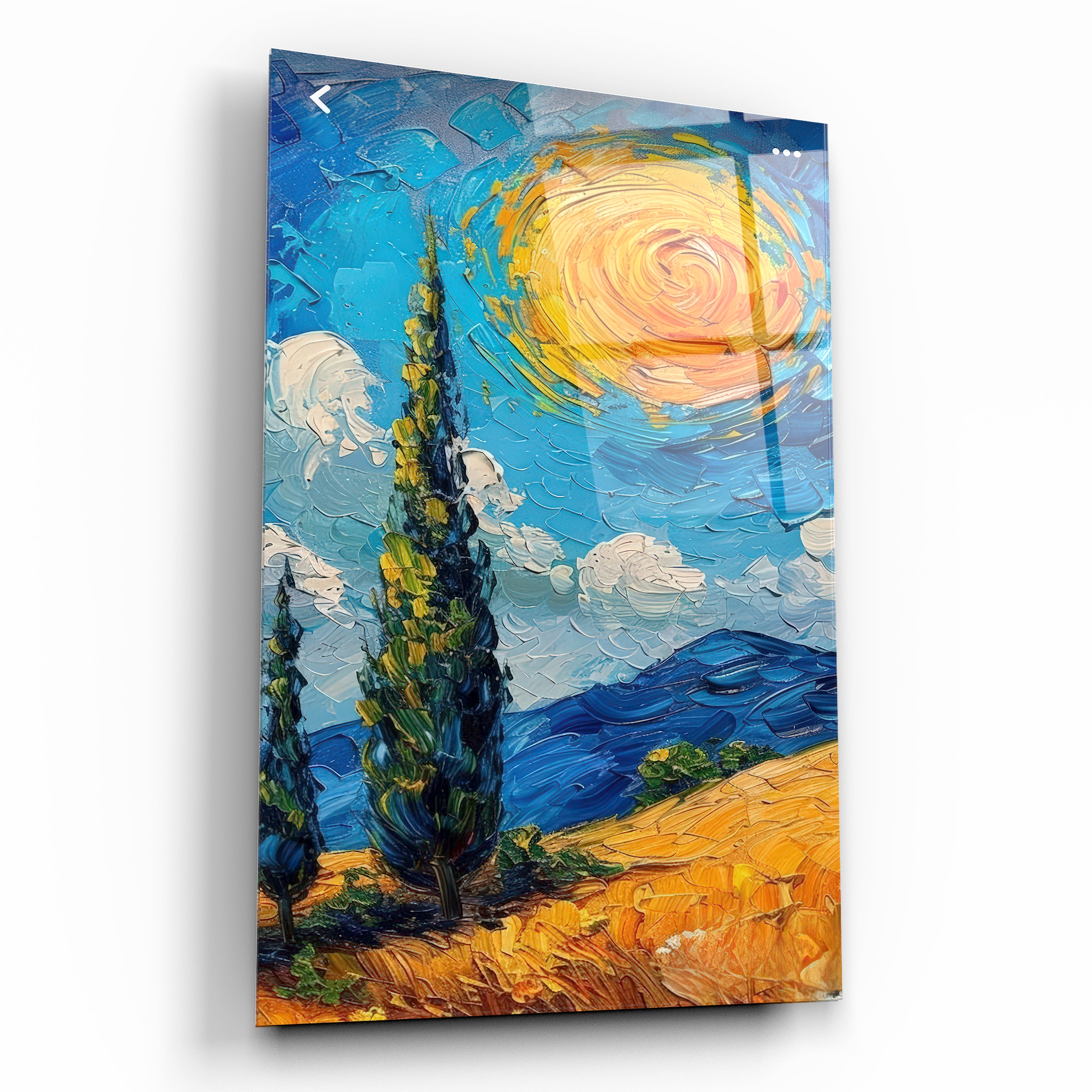 Selvi Ağacı ve Dönen Güneş Cam Tablo - Van Gogh Stili Doğa Manzarası