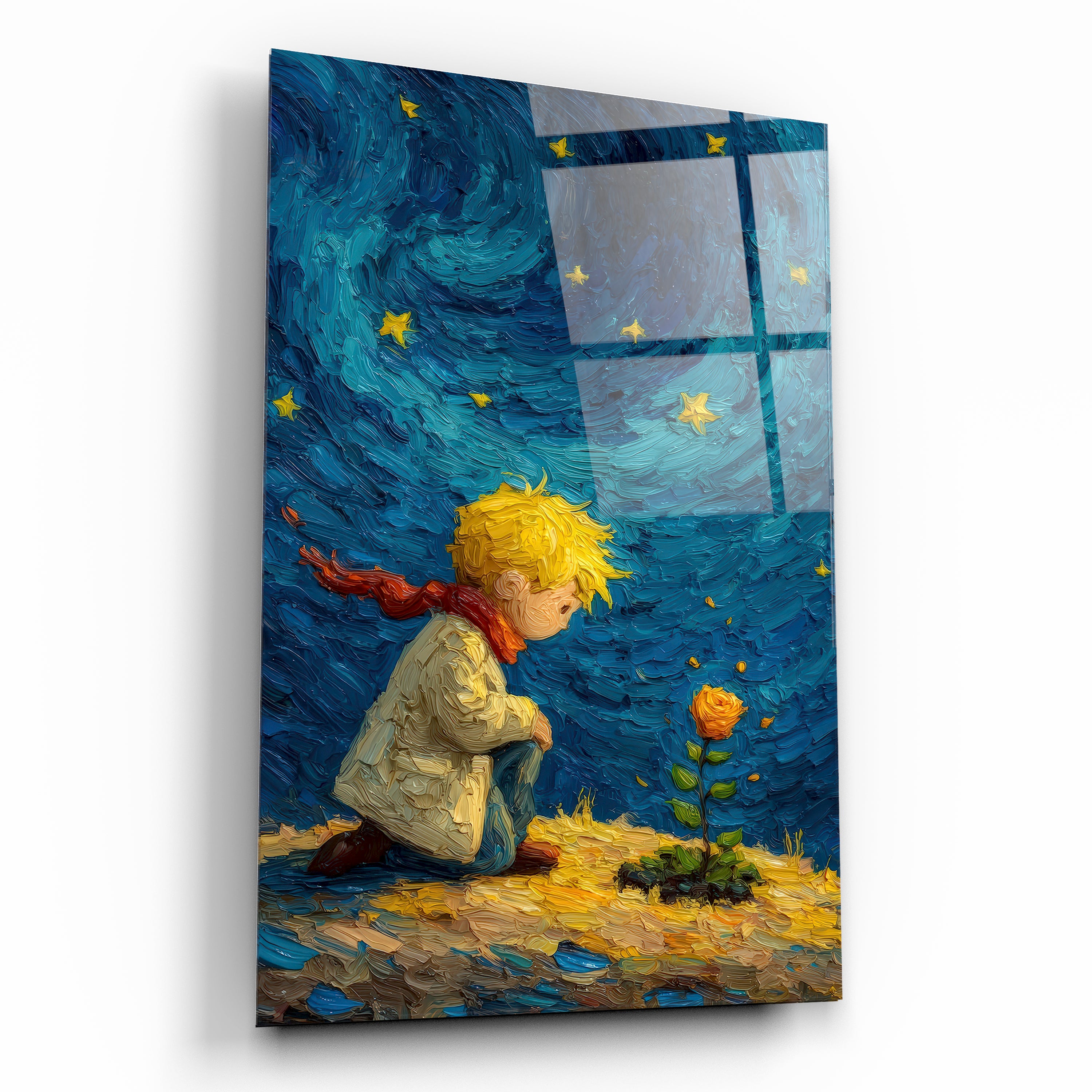 Küçük Prens ve Gül Cam Tablo - Van Gogh Stili Yağlı Boya Efektli Masalsı Tasarım