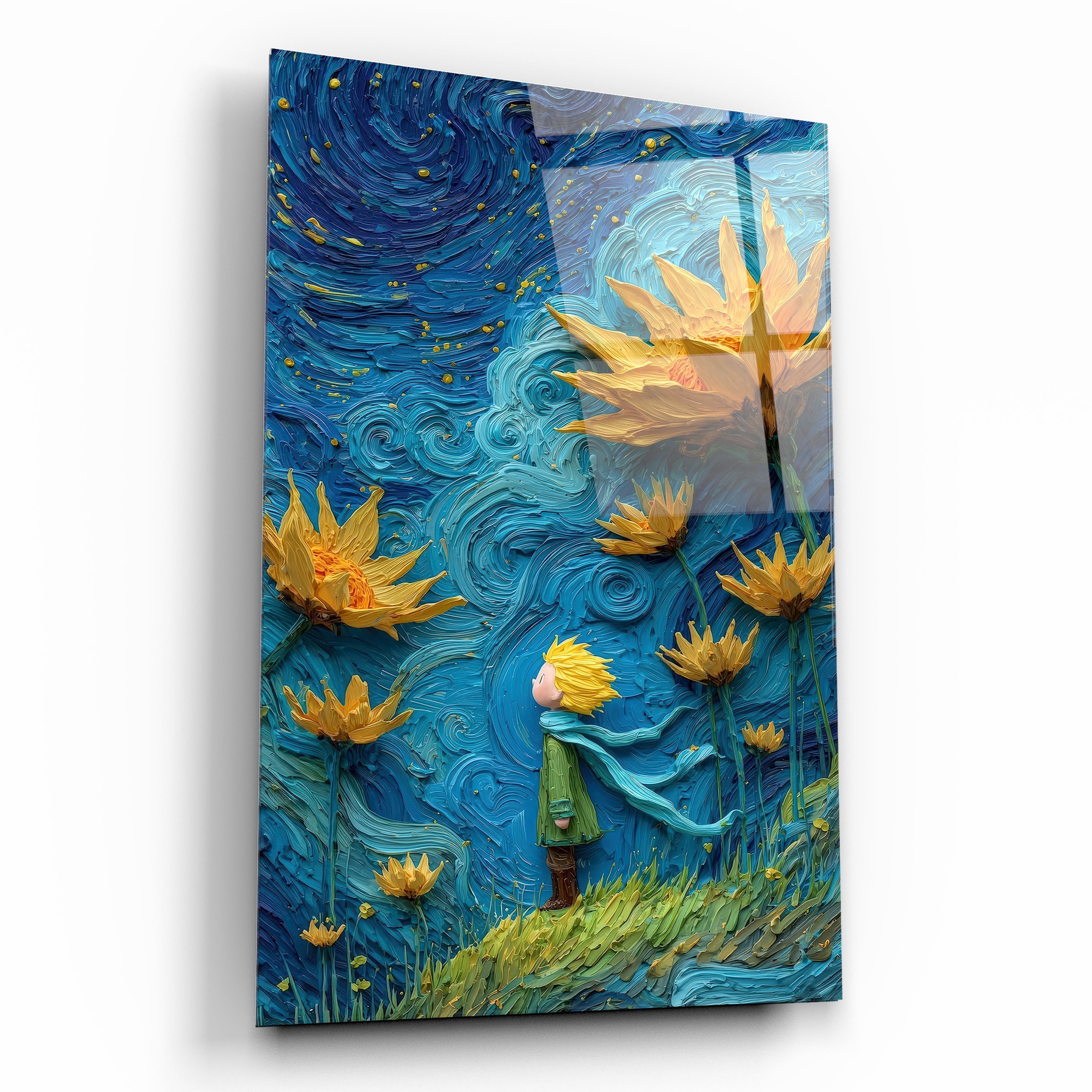 Küçük Prens ve Ayçiçekleri Cam Tablo - Van Gogh Stili Yağlı Boya Efektli Masalsı Tasarım