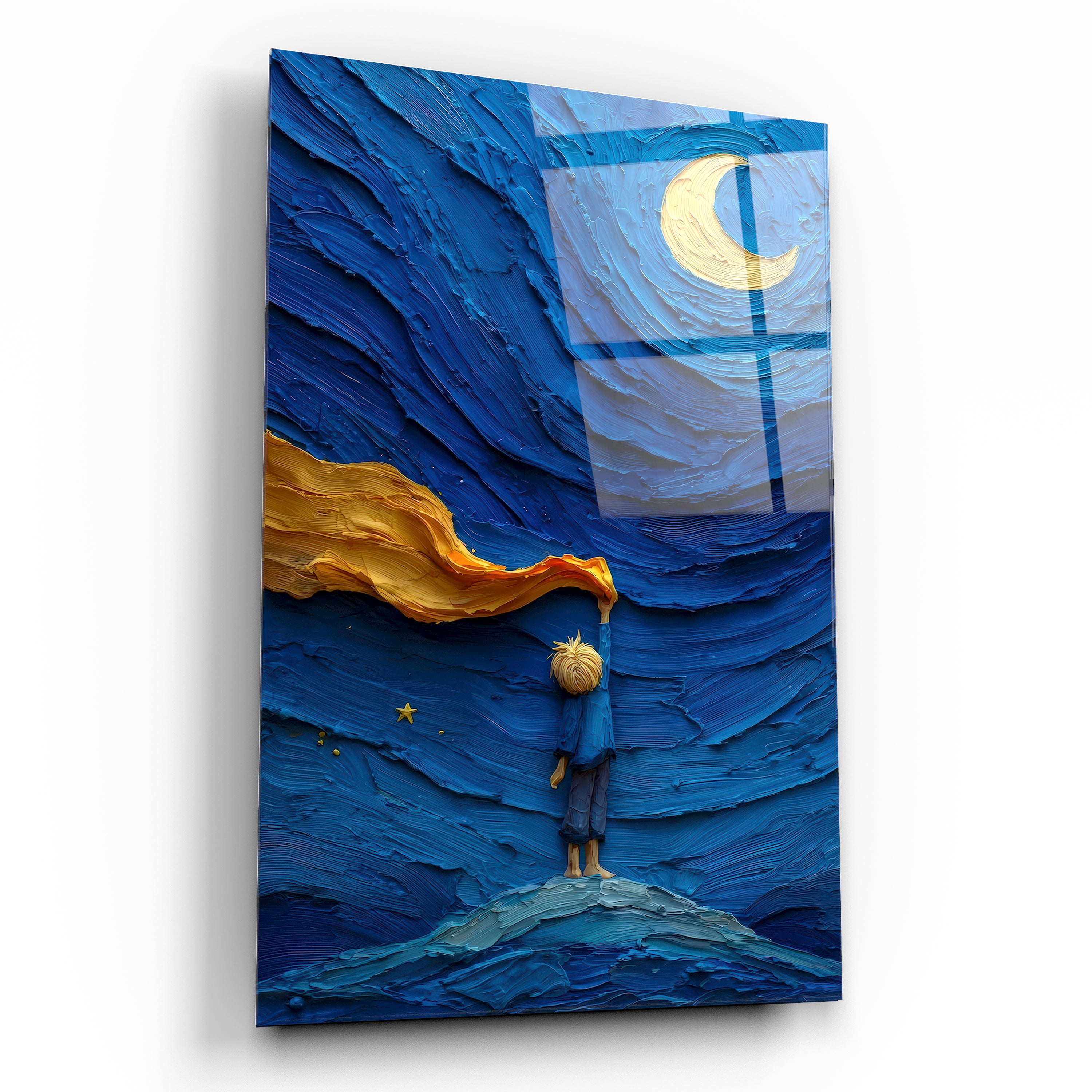 Küçük Prens ve Hilal Cam Tablo - Van Gogh Stili Yağlı Boya Efektli Masalsı Tasarım