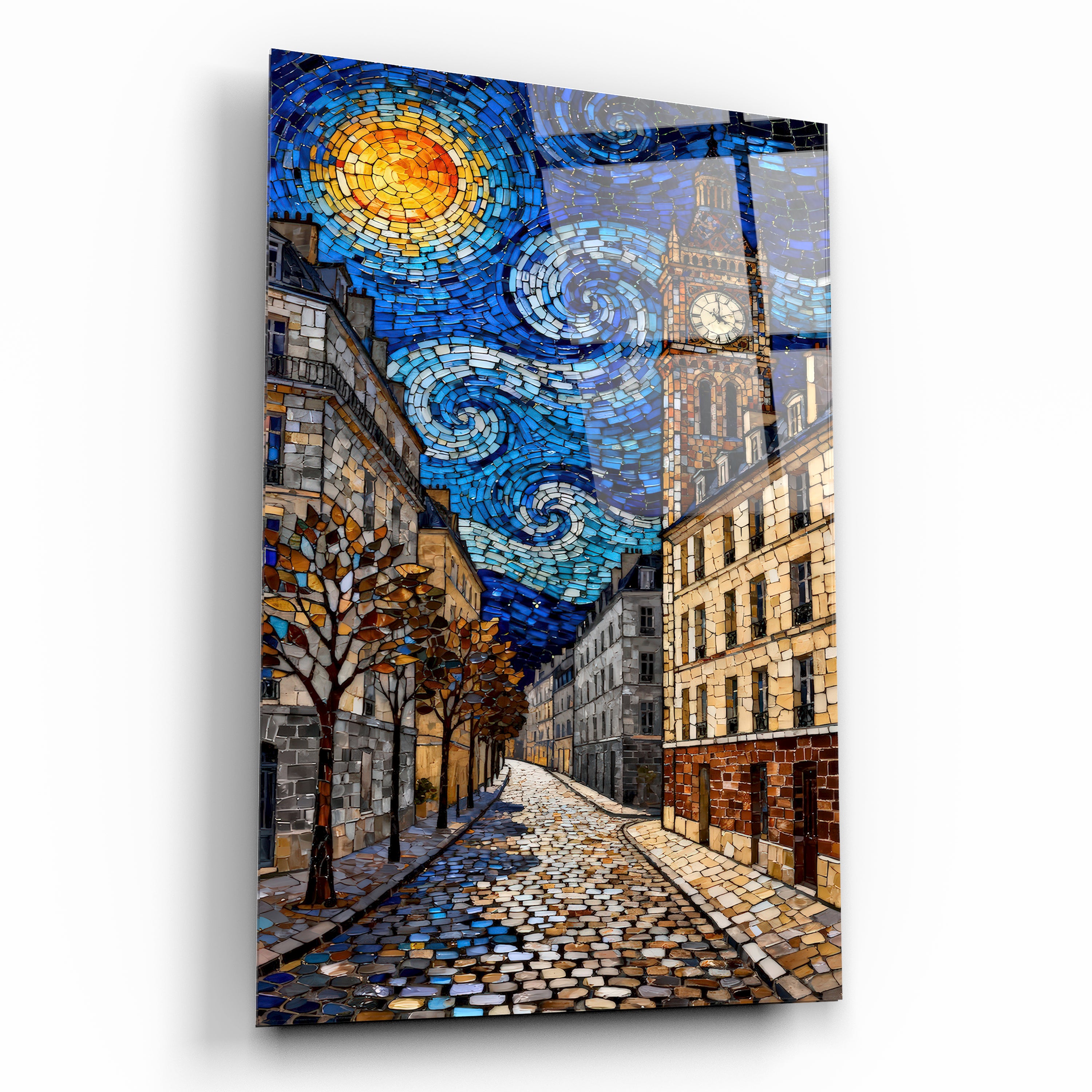 Mozaik Efektli Yıldızlı Gece ve Sokak Manzarası Cam Tablo - Van Gogh Stili