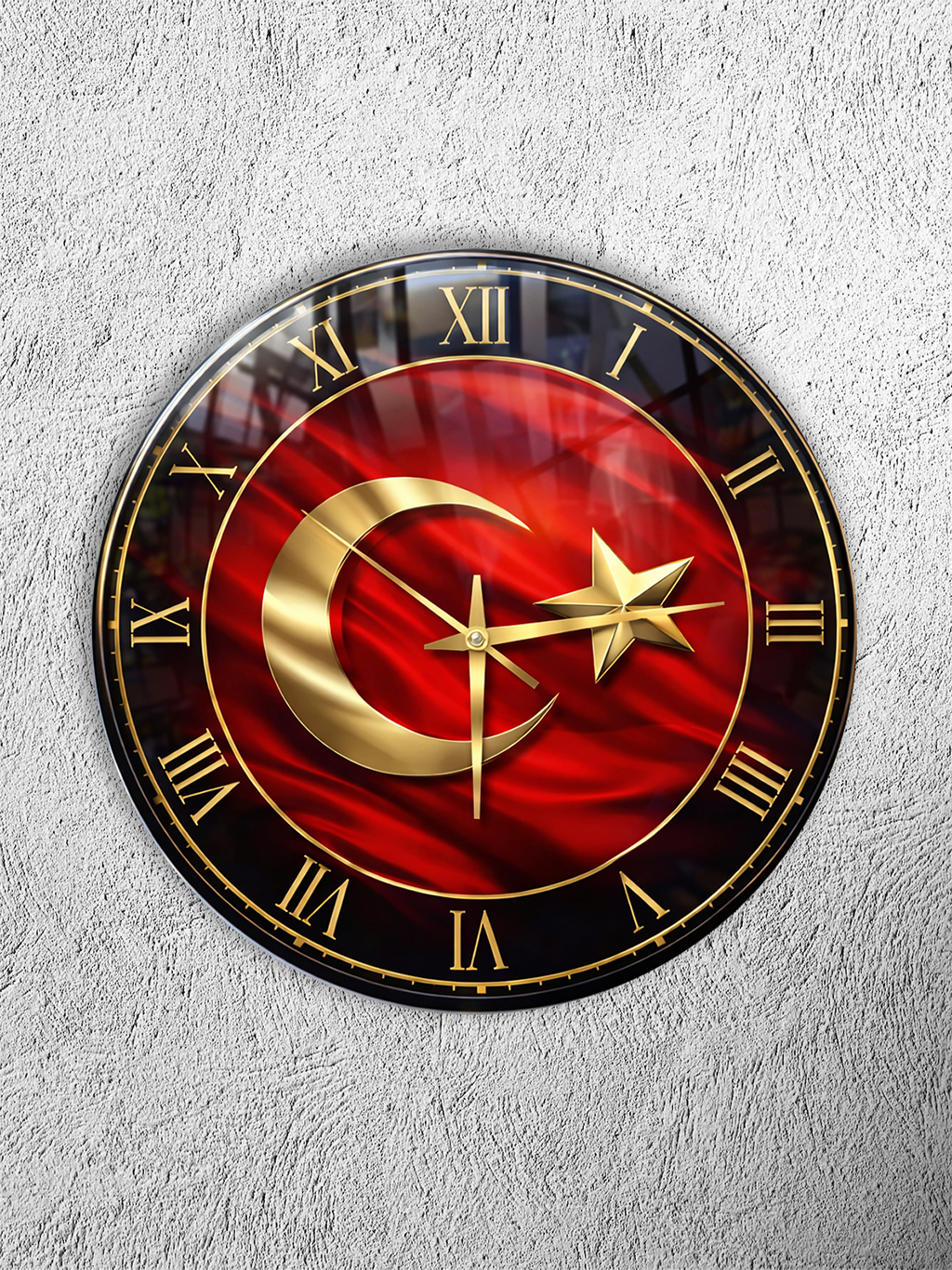 KIRILMAZ CAM DUVAR SAATİ, HEM TABLO HEM SAAT TÜRK BAYRAĞI AY YILDIZ TEMALI GOLD DETAYLI TASARIM EV OFİS HEDİYESİ