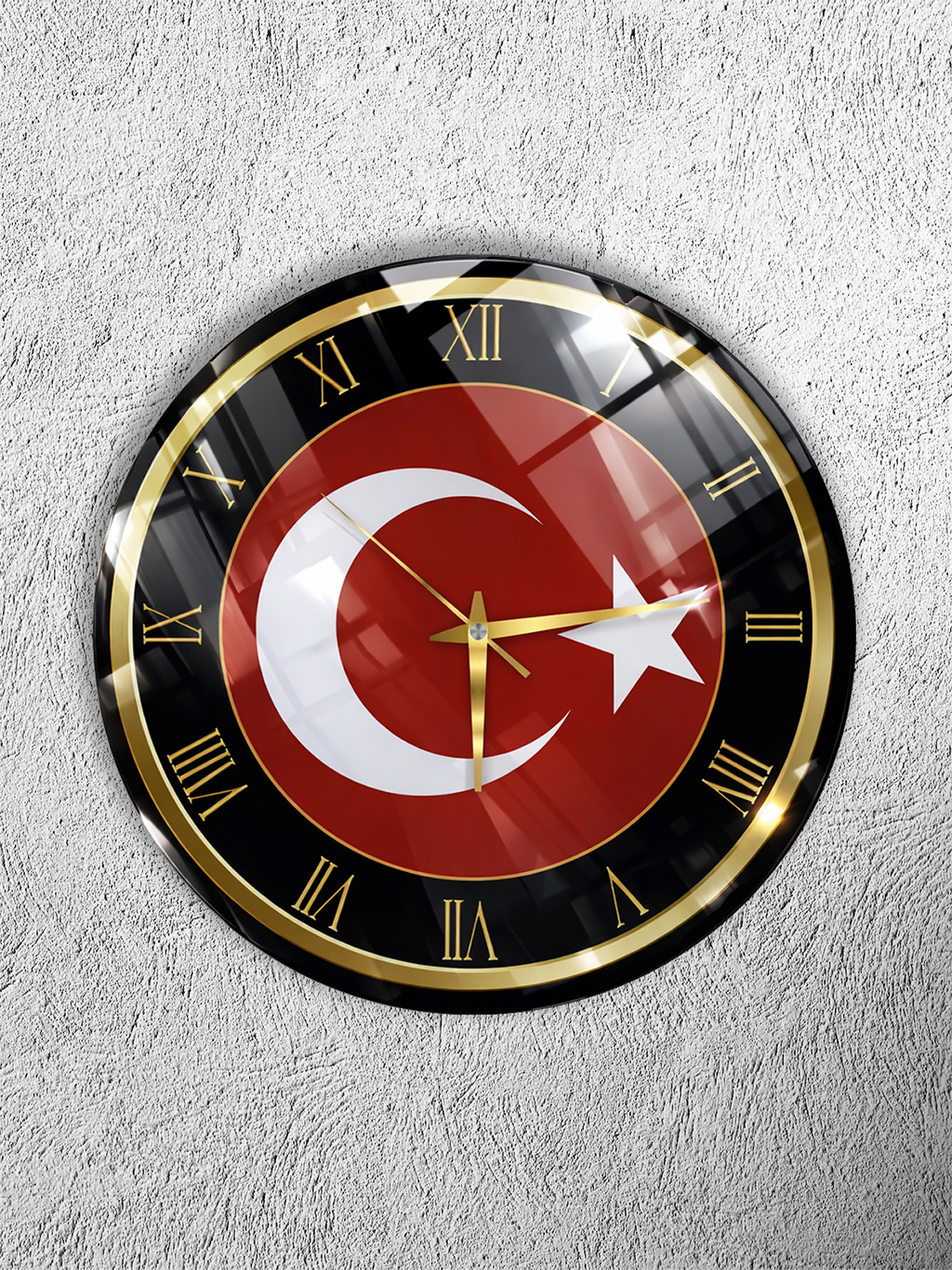 KIRILMAZ CAM DUVAR SAATİ, HEM TABLO HEM SAAT TÜRK BAYRAĞI AY YILDIZ TEMALI KLASİK TASARIM EV OFİS HEDİYESİ