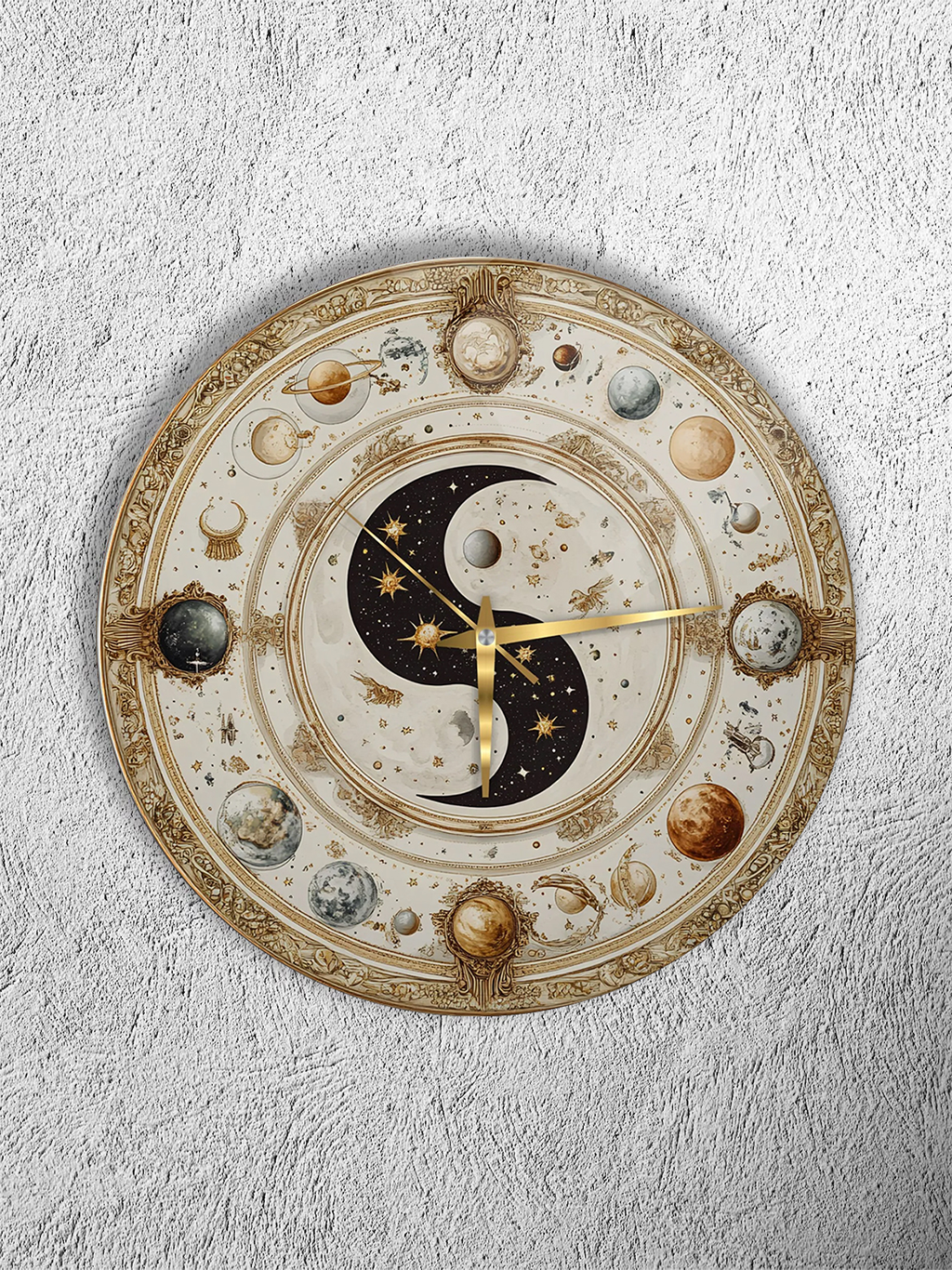 KIRILMAZ CAM DUVAR SAATİ, HEM TABLO HEM SAAT ASTROLOJİ GEZEGENLER YIN YANG KOLEKSİYON TASARIM EV OFİS HEDİYESİ