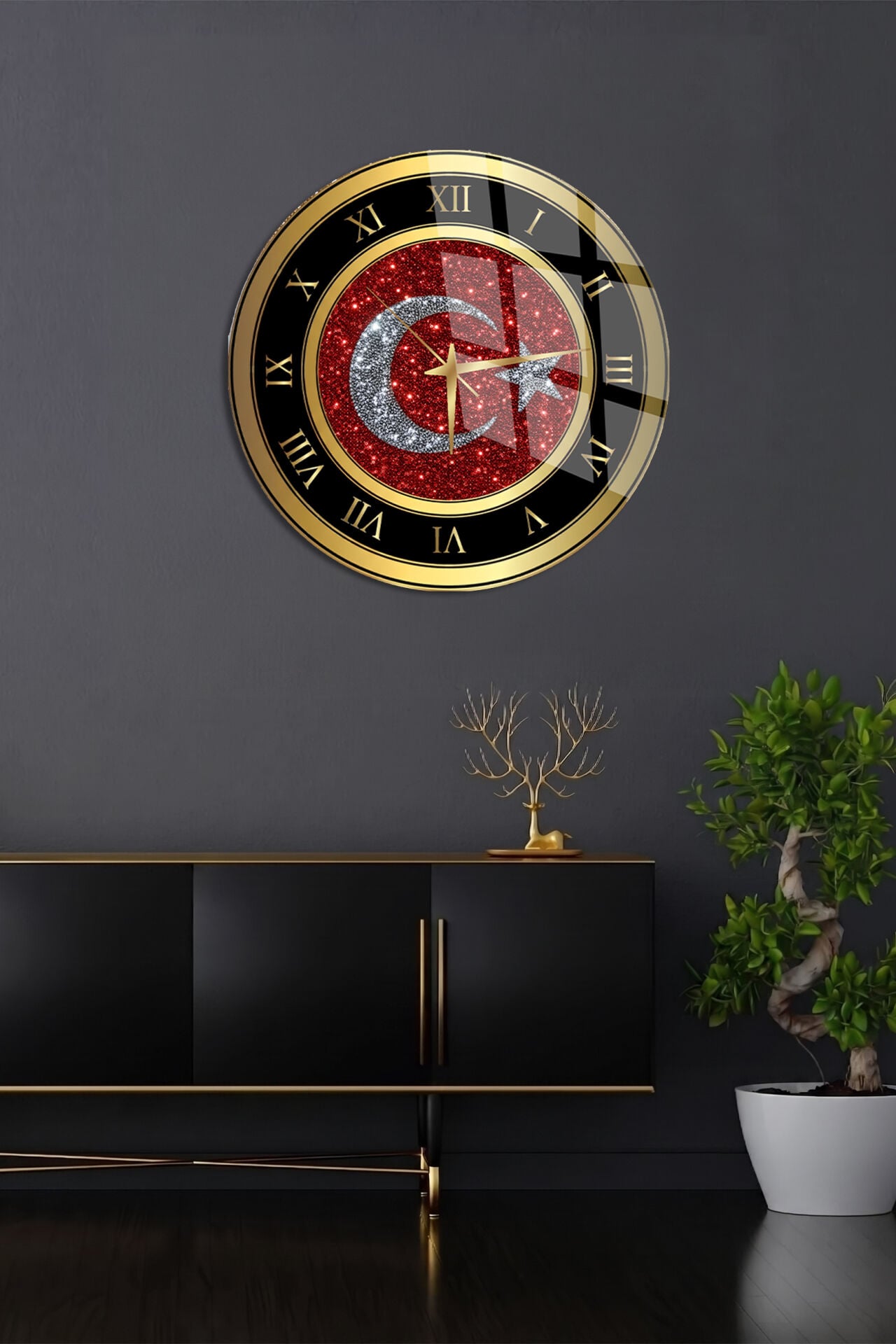 YUVARLAK KIRILMAZ CAM DUVAR SAATİ, HEM TABLO HEM SAAT TÜRK BAYRAĞI SİMLİ EV OFİS HEDİYESİ